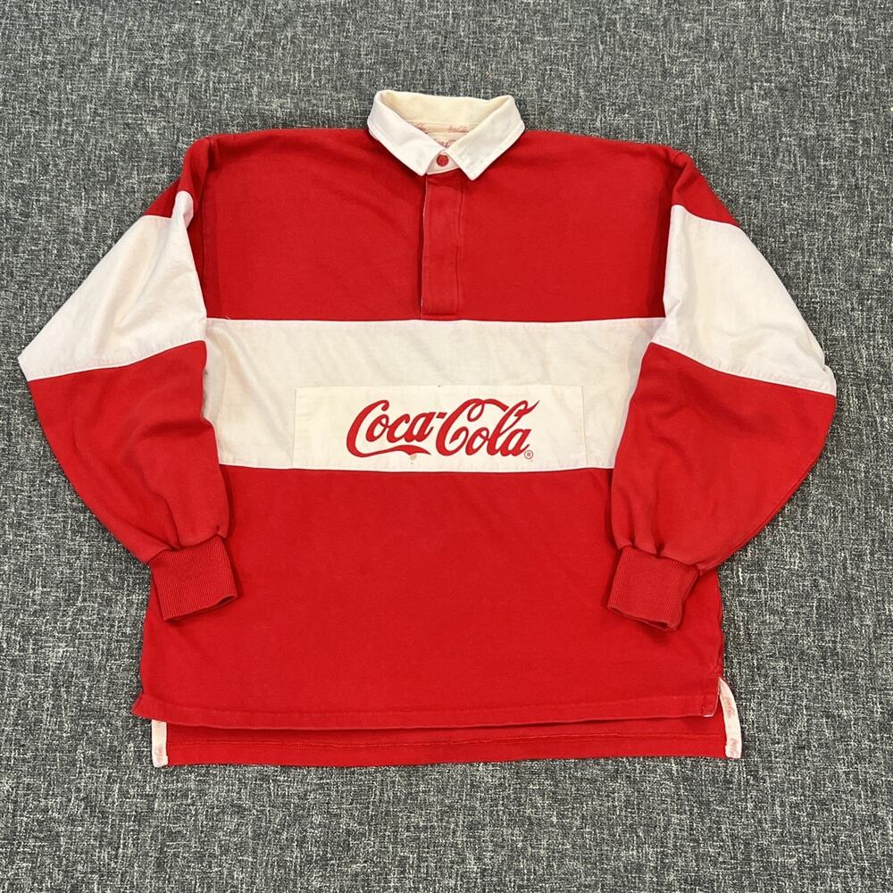 Vintage Coca Cola Striped Long Sleeve Rugby Polo Shirt 80s Mens Size 22" x 26.5"